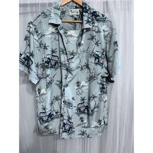 Milano Bay‎ Mens XL Tropical Woodie Car Short Sleeve Hawaiian Camp Shirt Blue